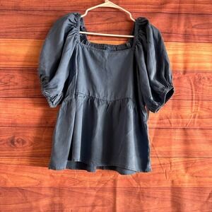 Old Navy Womens Blue Tencel Lyocell Puff Sleeve Smocked Peplum Top Medium NEW